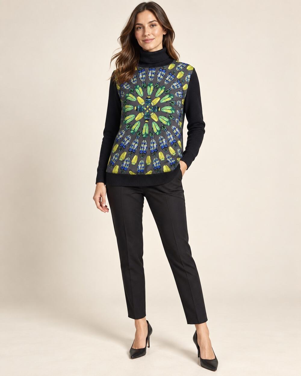 Tory Burch Silk Front Merino Wool Turtleneck Sweater Size XL